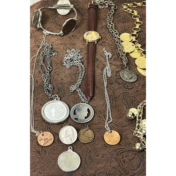 Large Mixed Metals Coin Jewelry Lot 22 Necklaces Bracelets Pendants Watch Coins - Picture 3 of 15